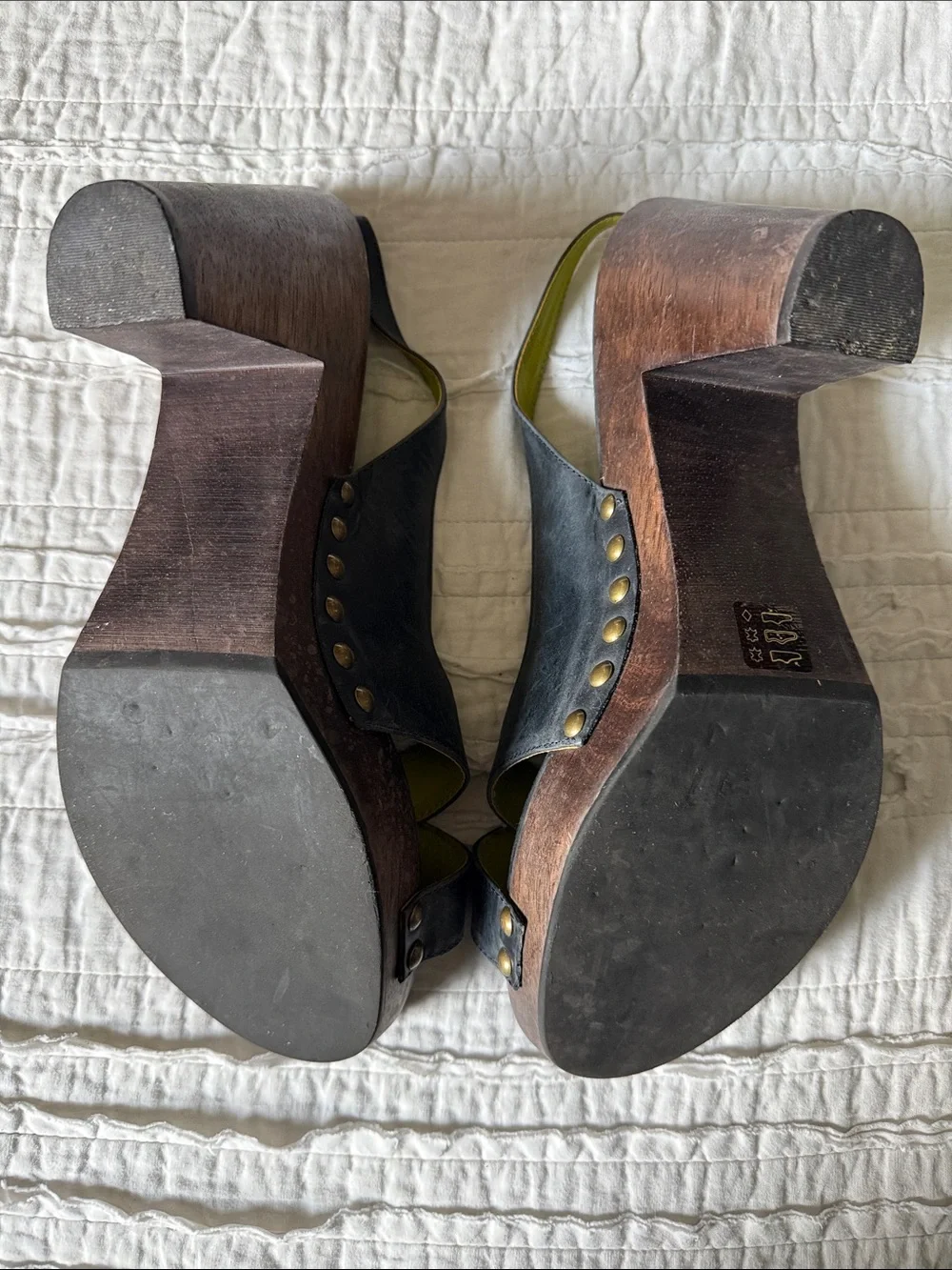 Boden Black Leather Studded Slingback Heels with Yellow Lining